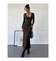 Kadın Uzun Kollu Derin Gögüs Detaylı Belden Bağcıklı Uzun Dalgıç Elbise