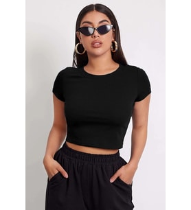 Kadın Siyah Yuvarlak Yaka Yarım Kol Crop Top Bluz