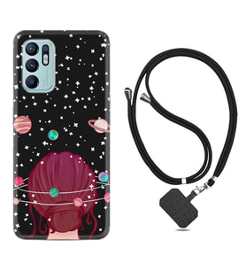 Oppo Reno 6 Kılıf Resimli Boyun Askılı İpli Desenli Silikon Space Woman 1311