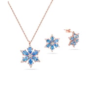 925 Ayar Lotus Çiçeği Aquamarin Taşlı Rose Gümüş Kolye Küpe Set