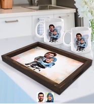 BK Gift Kişiye Özel Sevgililer Karikatürlü Doğal Ahşap Tepsi ve 2’li Kupa Bardak Seti-59
