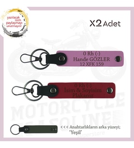 Motosiklet Aşıkları İçin, İsim Plaka ve 0 Rh (-) Kan Grubu Yazılı 2'li Anahtarlık, Kırmızı-Pembe-Ysl (Çok Renkli)