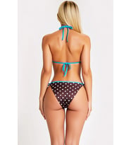 Kadın Puantiyeli Bikini Takımı Üçgen Yaka Kapsız Ayarlanabilir Askılı Normal Bel Bağlamalı Slip
