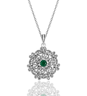 Gümüş kök zümrüt taşlı oksitli  telkari işlemeli kolye SGTL11894YESIL