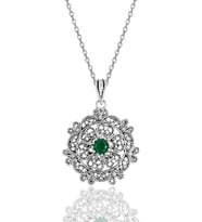 Gümüş kök zümrüt taşlı oksitli  telkari işlemeli kolye SGTL11894YESIL