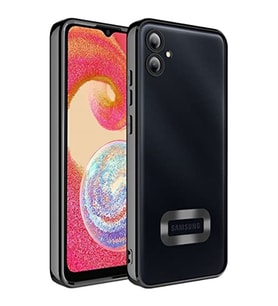 coverzone Samsung Galaxy A04E ile uyumlu K?l?f Kamera Korumal? Logo G�steren Parlak renk kenar �izgileri ile ??k bir tasar?m Colored Z-Omega Kapak (S?YAH)