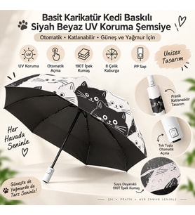 Karikatür Kedi Desenli Otomatik Katlanabilir UV Korumalı Şemsiye Siyah Beyaz 1 Adet CW17229