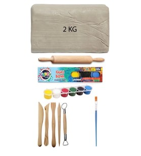 Beyaz Seramik Hamuru 2 kg Kil Ebeşuar Seti 6x15 ml Guaj Seti Seramik Kil Ahşap Merdane Oyun Hamuru