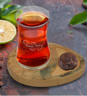 BK Gift Kişiye Özel Mermer Tasarımlı Doğal Ahşap Tabaklı Heybeli Çay Bardağı Sunum Seti Model 18