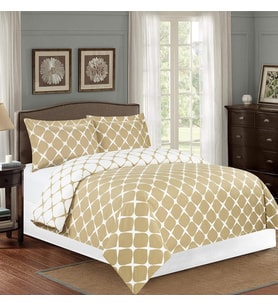 Comfort 1500 İplik Sayısı 3 Parça Milano Kafes Desenli 2 Ton Baskılı Ters Çevrilebilir Yorgan Kılıfı Seti, Yastık Kılıfı, Tam/Kraliçe, Krem