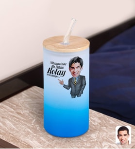 BK Gift Karikatürlü Mavi Renk Pipetli Buzlu Cam Bardak 600ml - 1, Arkadaşa Hediye, Doğum Günü Hediyesi