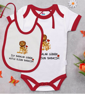 BK Kids İlk Babalar Günü Tasarımlı Kırmızı Bebek Body Zıbın ve Mama Önlüğü Hediye Seti-3