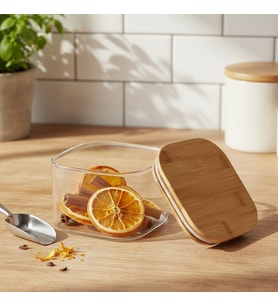400 ml Bambu Kapaklı Kare Cam Saklama Kabı - Dikey Çizgili Rölyef Desenli Vakumlu Kahvaltılık ve Erzak Kabı (10x10x6 cm)