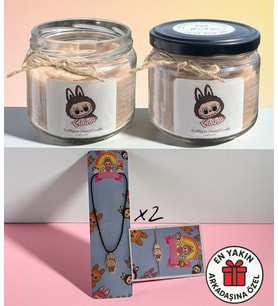 Labubu Arkadaşlık Hediye Seti - 2 Adet Labubu Bubblegum Kokulu Mum + 2 Adet Labubu Bileklik ve Kolye (Kahverengi)