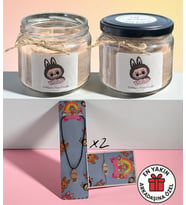 Labubu Arkadaşlık Hediye Seti - 2 Adet Labubu Bubblegum Kokulu Mum + 2 Adet Labubu Bileklik ve Kolye (Kahverengi)