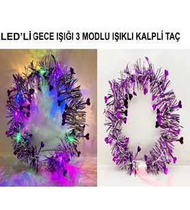 Kalp Püsküllü 3 Modlu LED Işıklı Taç Mor Renk