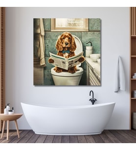 Tekli Kare Kanvas Banyo Tablosu Gazete Okuyan Papyonlu Cocker