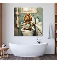 Tekli Kare Kanvas Banyo Tablosu Gazete Okuyan Papyonlu Cocker