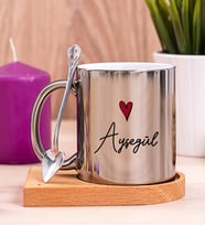 Kişiye Özel İsim Yazılı Minik Kalpli Ahşap Altlıklı Silver Kupa Bardak