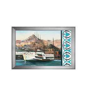 İstanbul ve Gemi Motifli Kanvas Tablo 50 x 70 cm Silver Çerçeve