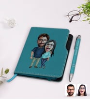 BK Gift Kişiye Özel Sevgililer Karikatürlü Turkuaz Termo Deri Defter Kalem Seti-109