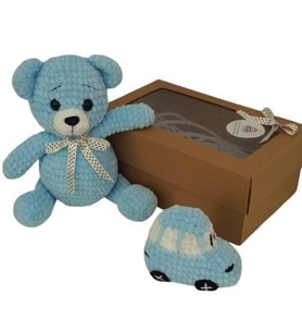 Maviş Ayıcık ve Arabası Amigurumi Organik Oyuncak Hediye Seti