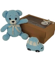 Maviş Ayıcık ve Arabası Amigurumi Organik Oyuncak Hediye Seti