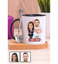 Çiftlere Özel Komik Hediye Gelin Damat Karikatürlü Ahşap Altlıklı Siyah Kupa Bardak