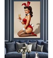 Tavşan Kulaklı Pin-Up Kız Dekoratif Kanvas - Mdf Ahşap Tablo