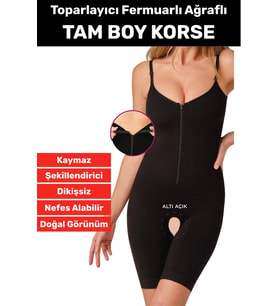 Özel Üretim Vücut Şekillendirici Beden Küçülten Toparlayıcı Fermuarlı Tam Boy Korse (Siyah)