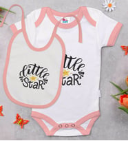 BK Kids Little Star Tasarımlı Pembe Bebek Body Zıbın ve Mama Önlüğü Hediye Seti-1