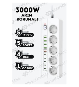 Pro P13 3000W Akım Korumalı 5 Girişli Type-C ve USB Girişli Uzatmalı Grup Priz