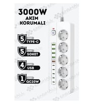 Pro P13 3000W Akım Korumalı 5 Girişli Type-C ve USB Girişli Uzatmalı Grup Priz