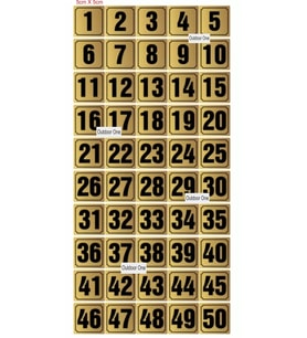 Kapı, Masa, Dolap Numarası Metal 1-50 Arası Sıralı 5x5 Cm Arkası Yapışkanlı Gold Renk 004