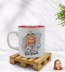 BK Gift Kişiye Özel Kadın Diş Hekimi Karikatürlü İçi Kırmızı Renkli Kupa Bardak Model 1