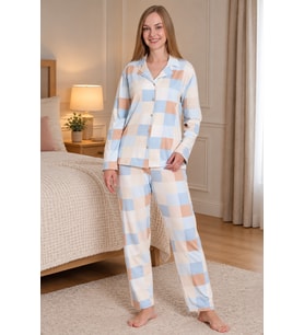 Mirano 9805 Şardonlu Soft Kışlık Düğmeli Kareli Kadın Pijama Takımı