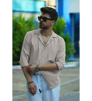 Sütlü Kahve Keten Apaj Yaka Relax Fit Hediye Kutulu Erkek Gömlek (Kahverengi)