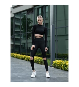 Siyah Yırtık Dizli Spor Tayt