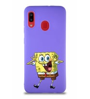 Samsung Galaxy A20 Soft Premier Kapak Sünger Bob Tasarımlı Silikon Kılıf - Mor (Şeffaf)