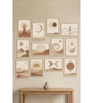 12 Parça Boho Güneş ve Ay Temalı 2 Renk Seçenekli Dekoratif Çerçeve Görünümlü Tablo Seti