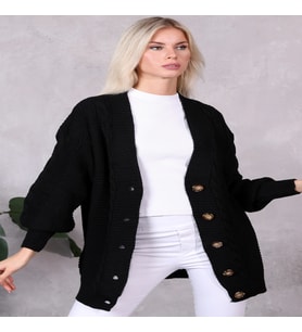 Lugmo Kadın Triko Hırka 5 Düğmeli Saç Örğülü Hırka Siyah (80cm)