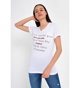 9202024 Süprem Dress Baskı Çakıl Taşlı V Yak Kısa Kol Tshirt BEYAZ