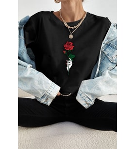 Unisex Rose Baskılı T-shirt (Siyah)