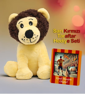 Kişiye Özel Fotoğraflı Sarı Kırmızı Şeritli Çerçeve & Hediyelik Sevimli Peluş Aslan 22cm Hediye Seti