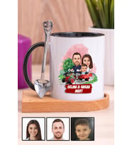 Üç Kişilik Aileye Özel Karikatürlü Ahşap Altlıklı Siyah Kupa Bardak