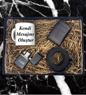 Kişiye Özel Kendi Mesajını Oluştur Tasarımlı Kupa Bardak Mekanizmalı Cüzdan Kemer Çakmak Özel Hediye Seti