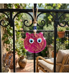 El Yapımı Hediyelik Cam Nazar Boncuklu, Kedi Figürlü Pembe, Simli, İpli 25 Cm (Pembe)