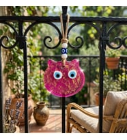 El Yapımı Hediyelik Cam Nazar Boncuklu, Kedi Figürlü Pembe, Simli, İpli 25 Cm (Pembe)
