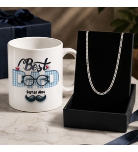 BK Gift Kişiye Özel Babalar Günü Tasarımlı Beyaz Kupa & Sık Gurmet Zincir Kolye -7, Babalar Günü Hediyesi