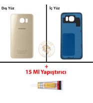 Samsung Galaxy S6 Gold Renk Arka Kapak + B7000 Yapıştırıcı Arka Cam Batarya Kapağı Pil Kapağı Lazer Kesim Back Cover Galaxy S6 Uyumlu